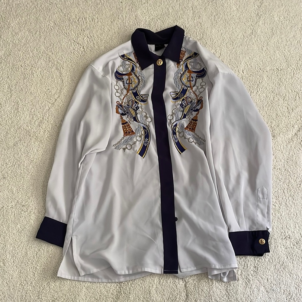 White Navy Button Down